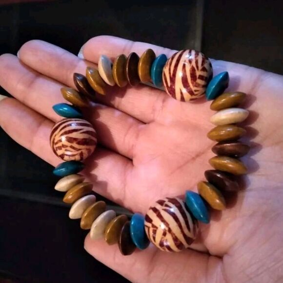 💖  2/$30 Boho chunky brown turquoise wood beaded elastic stretch charm bracelet - Picture 7 of 9